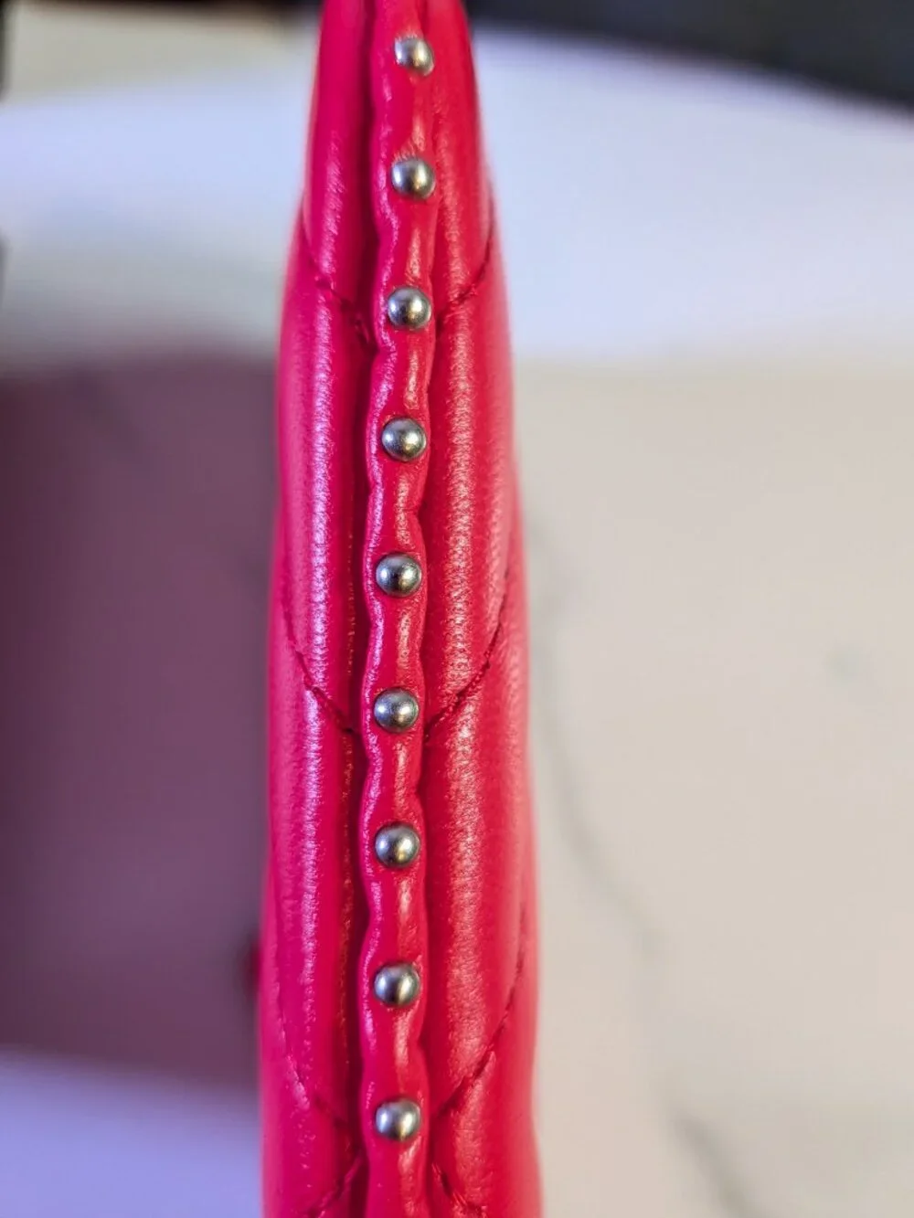 CHANEL Mini O-Case Zip Pouch — Red Chevron Quilted Lambskin, Studded Trim